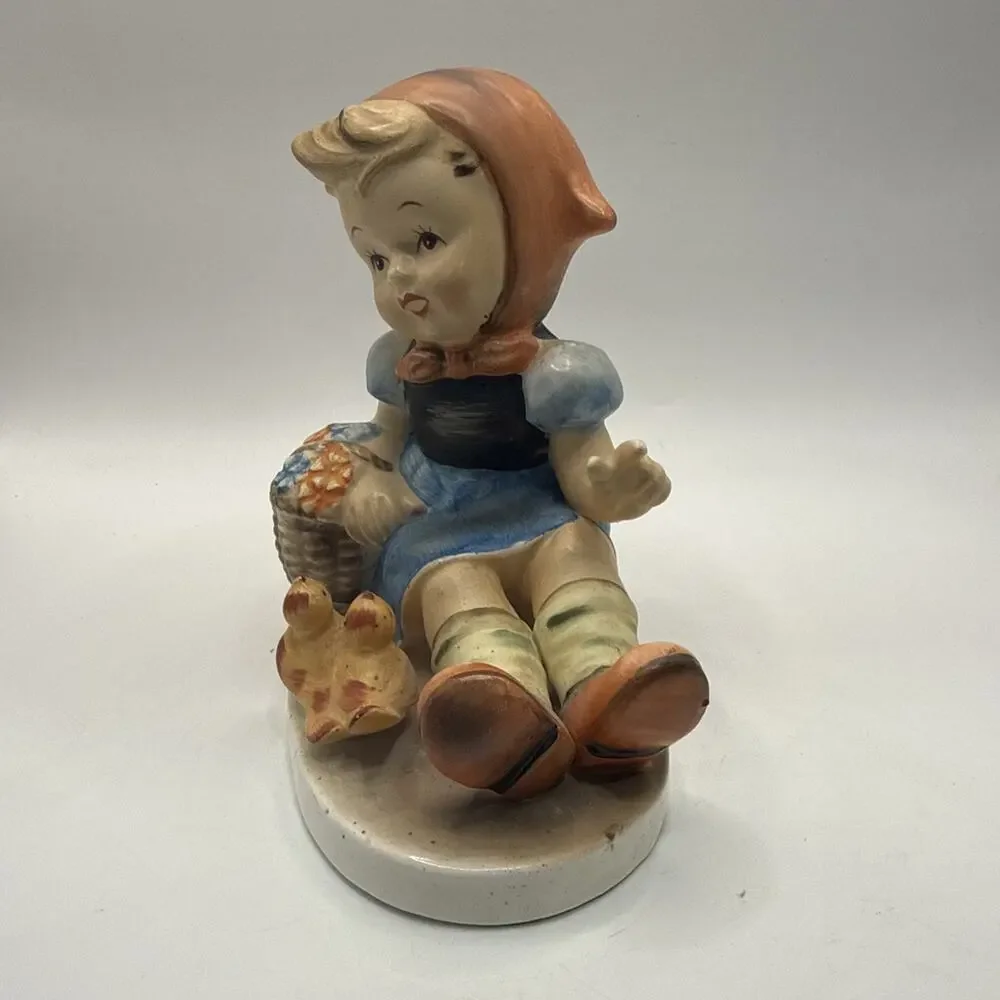 Vintage Porcelain Girl Figurine w/ Flower Basket & Chicks F-2 Hand Painted *